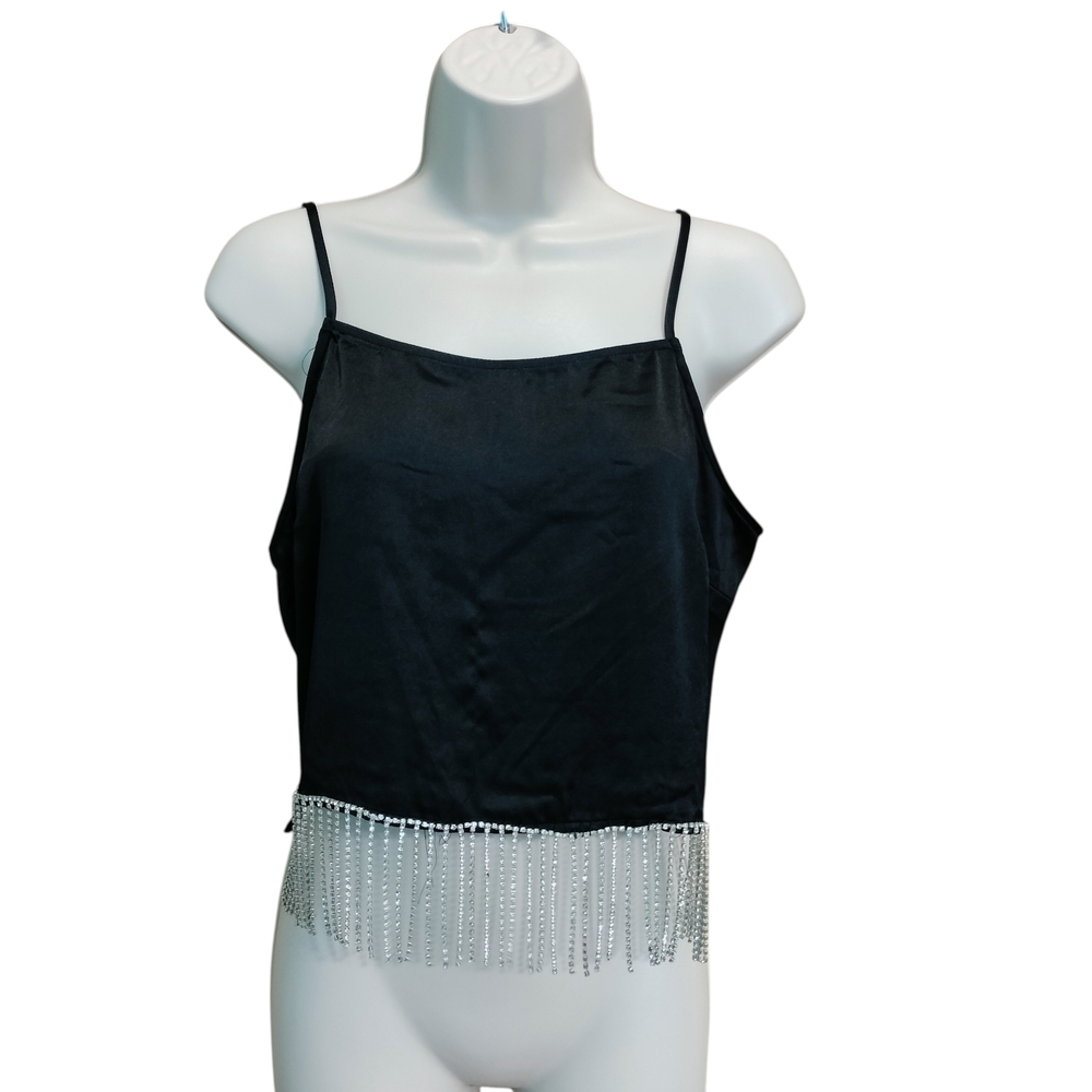 Ro & De Medium Rhinestone Fringe Trim Crop Tank Top in black